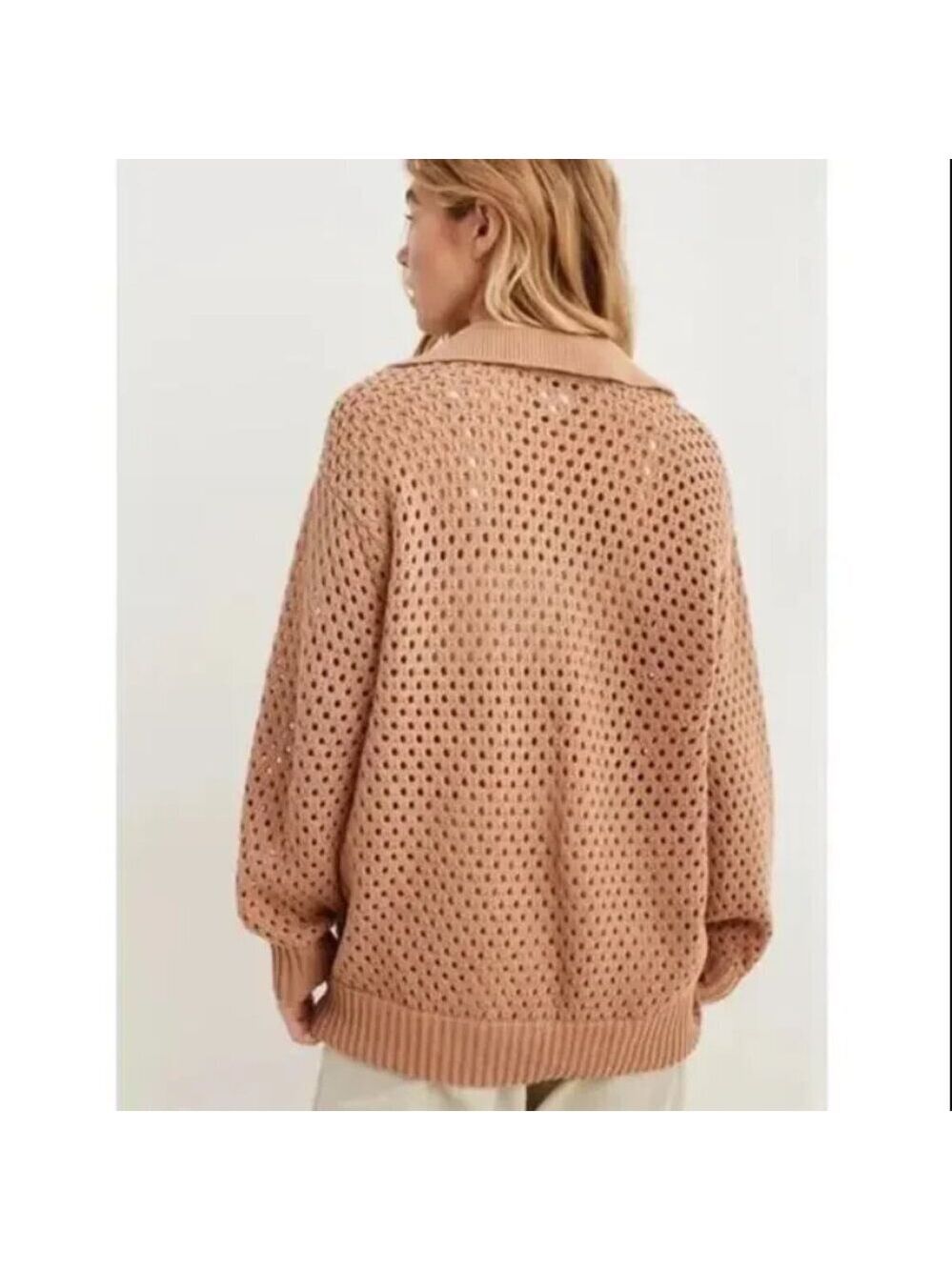 Aerie Tan Oversized Open Knit Polo Sweater [MEL0188] - Picture 2 of 8